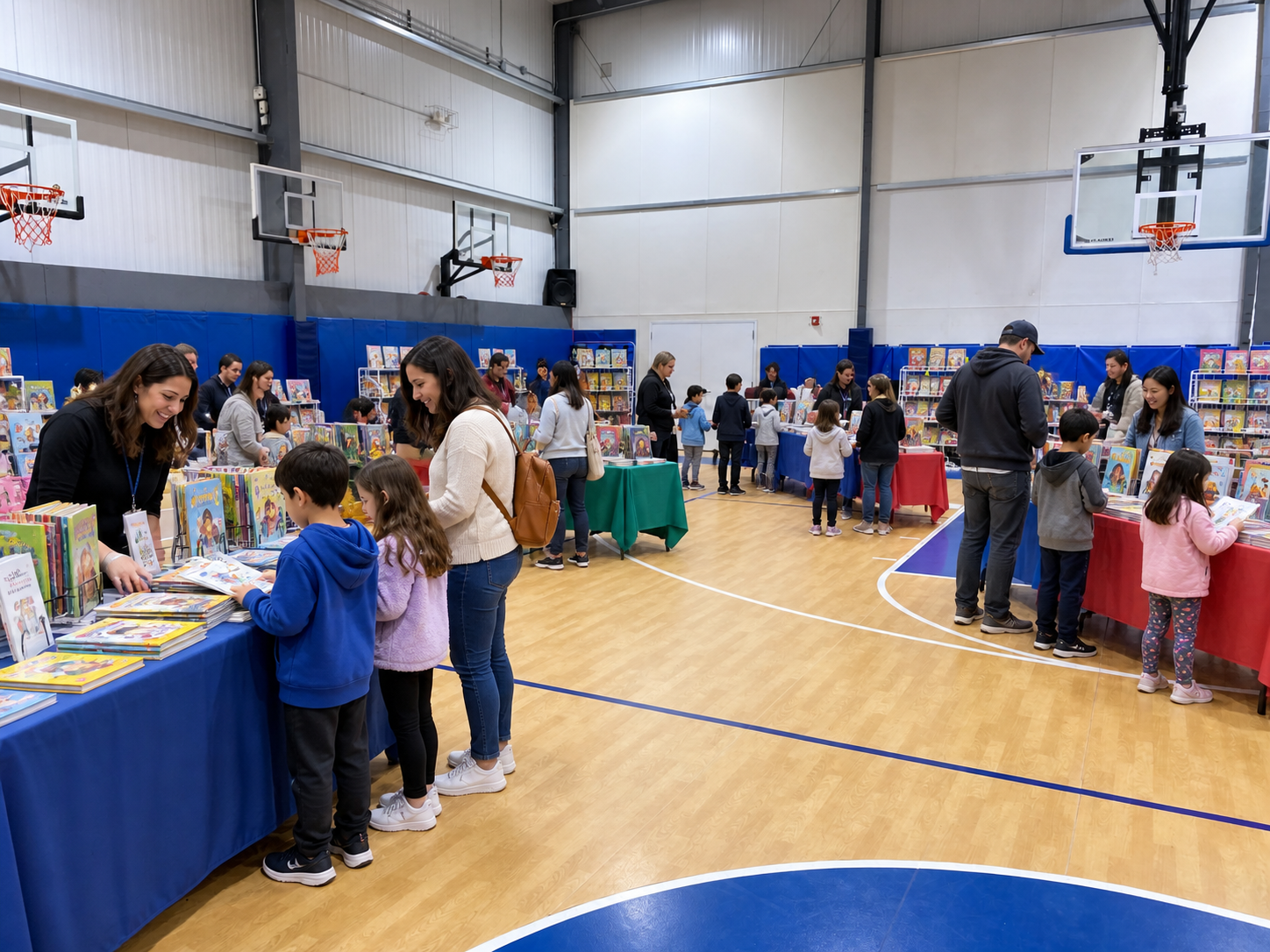 A book fair with families and tables set up inside The House of Sports gym