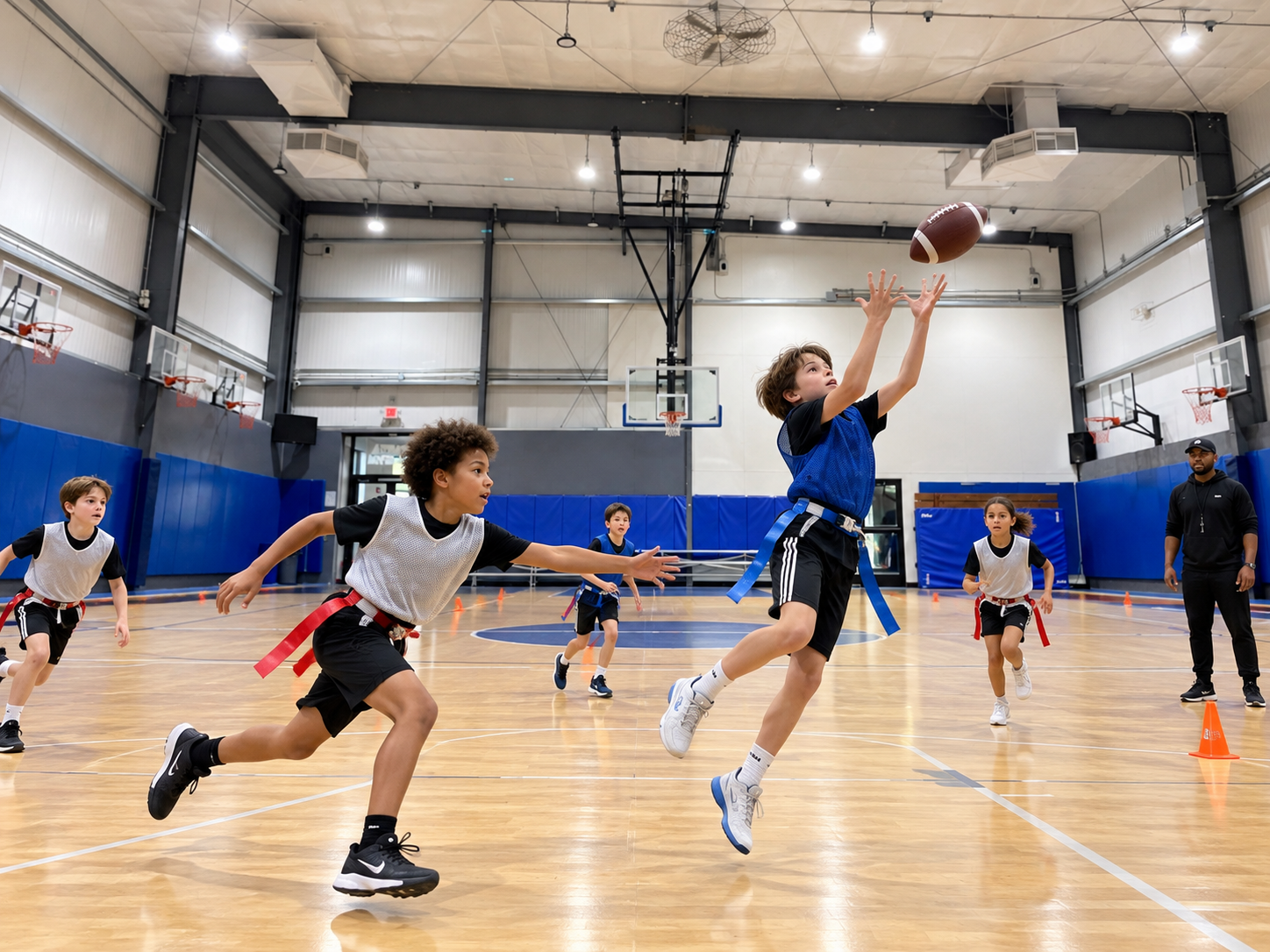 Kids flag football using The House of Sports gym