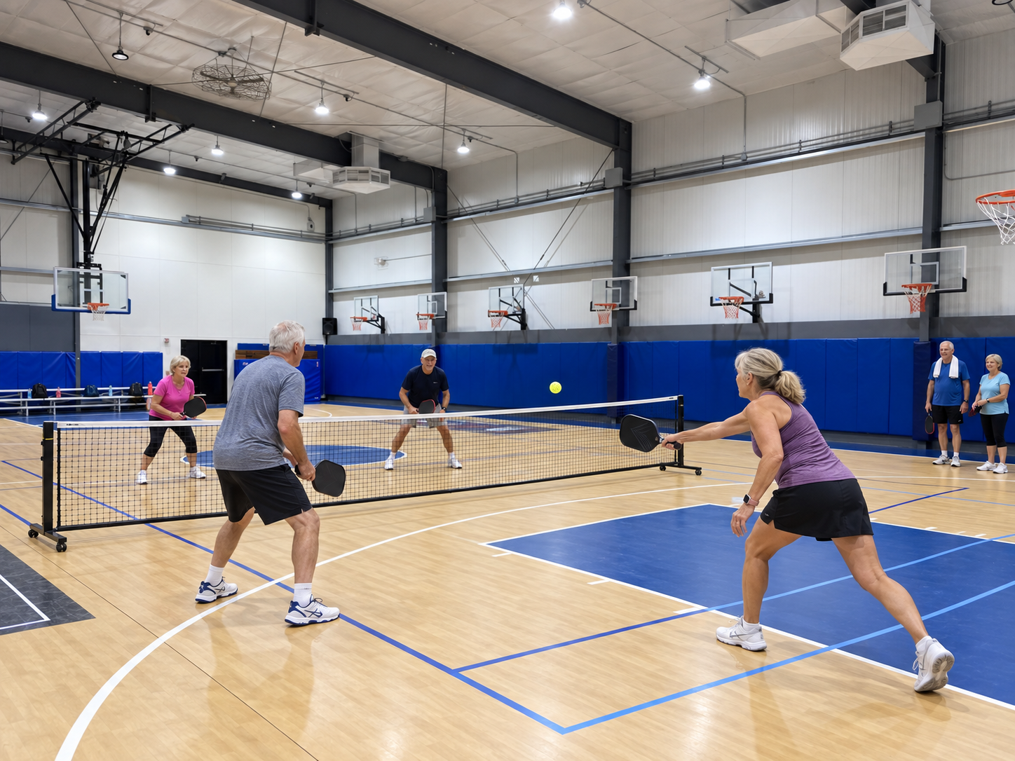 Older adults playing pickleball inside The House of Sports court