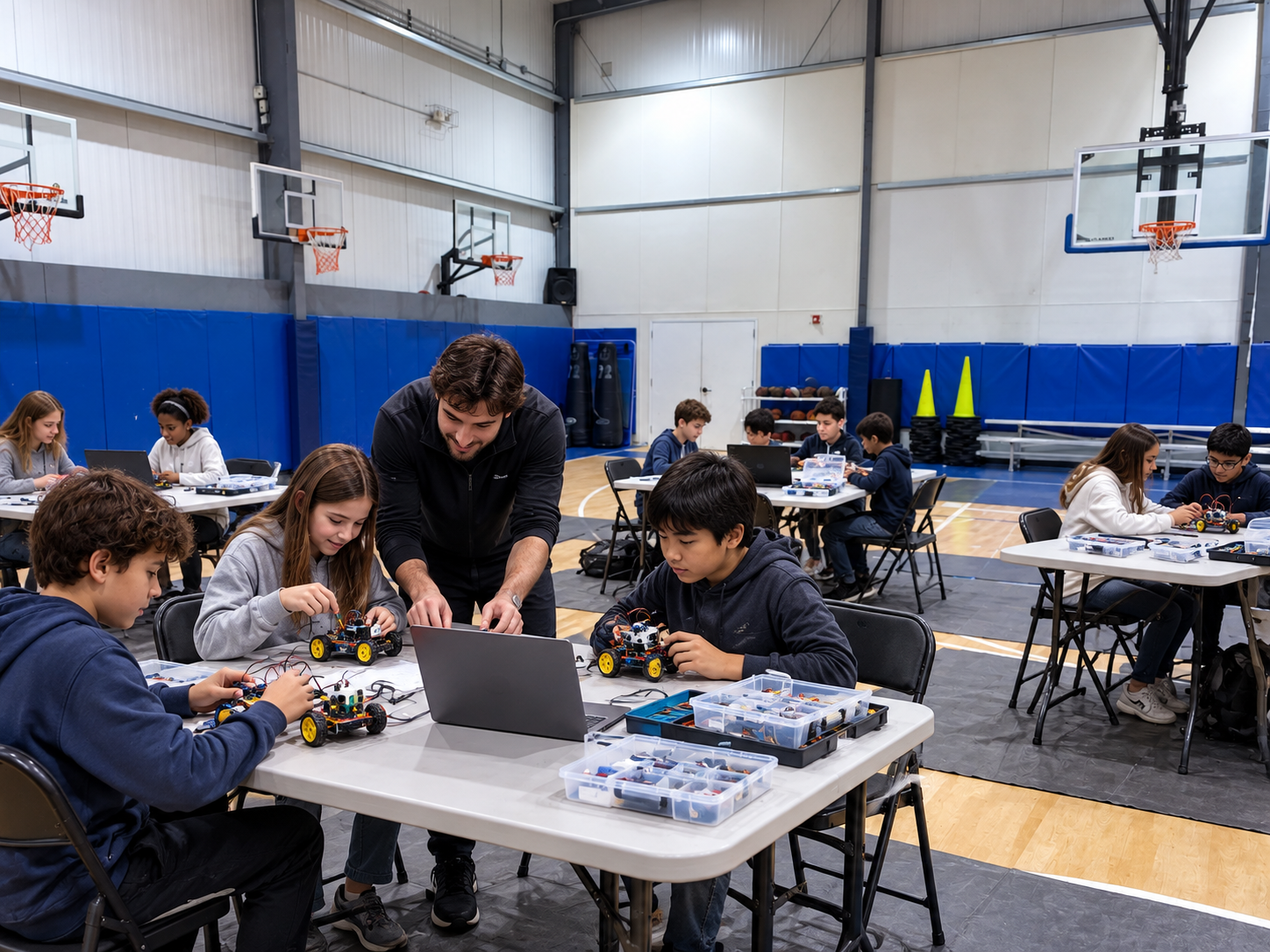 Kids building robotics kits at tables set up on the House of Sports gym court